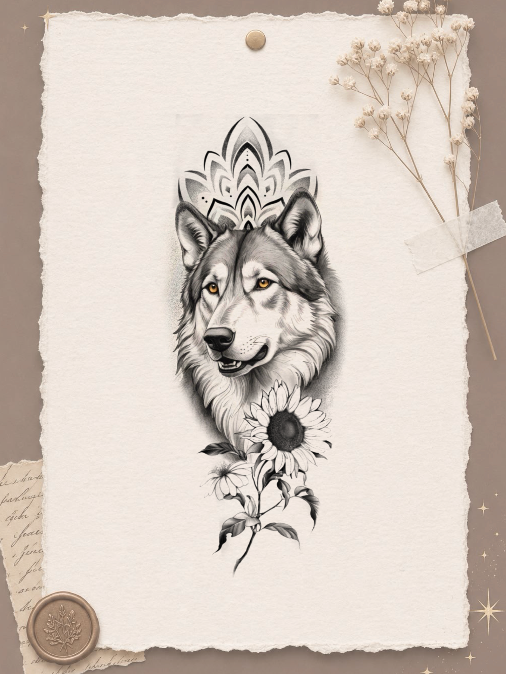 Lobo com Coroa Floral - flash autoral de Miranda - 24 cm