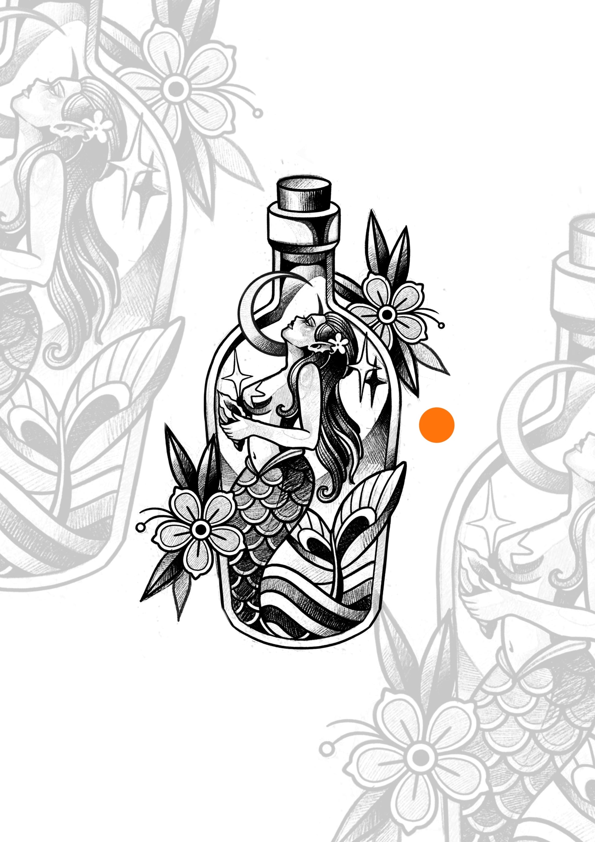 Sketch Sereia na Garrafa 13x9 cm – Tatuador Guilherme